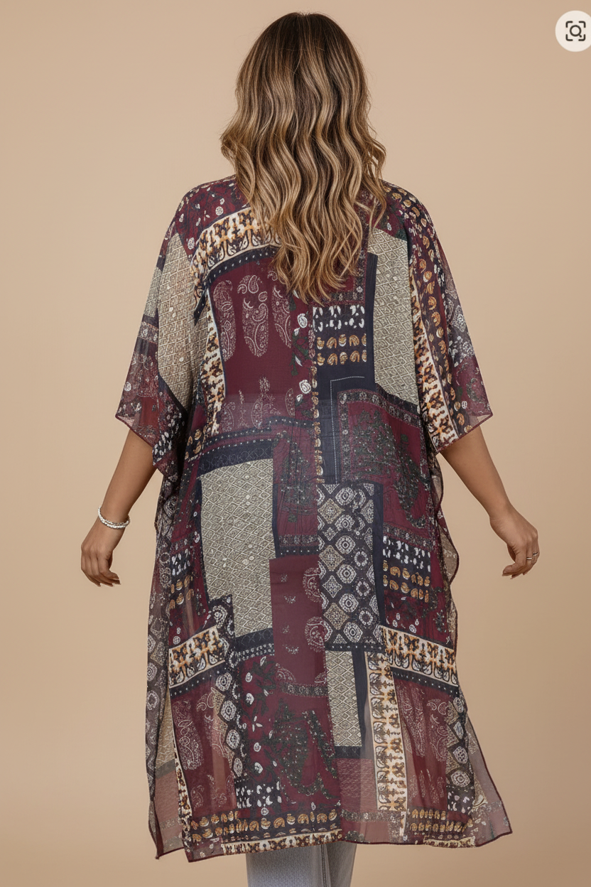 Bordeaux patchwork kimono - achterkant
