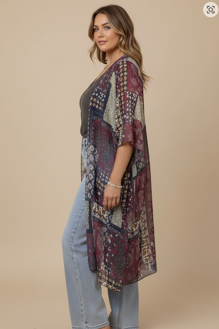 Bordeaux patchwork kimono - zijkant