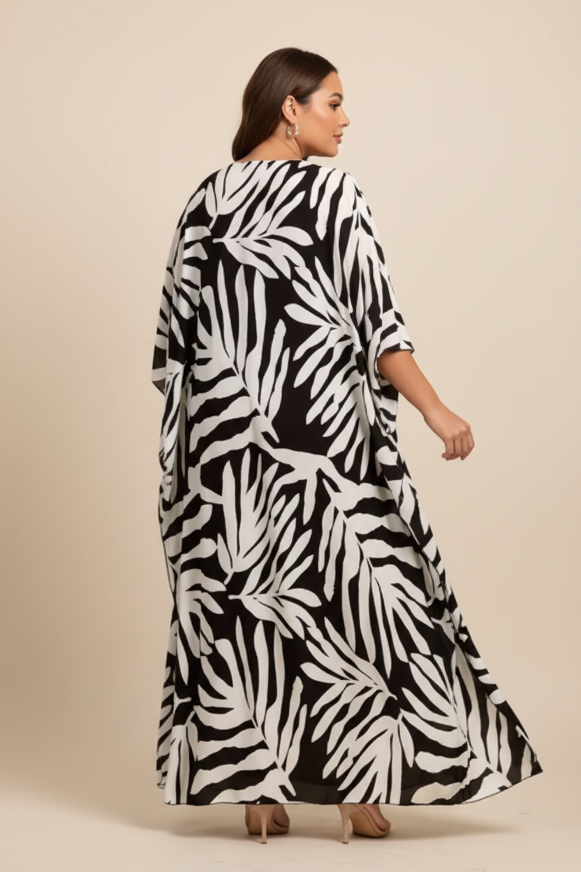 Zwart-witte kaftan met palmbladeren print - achterkant