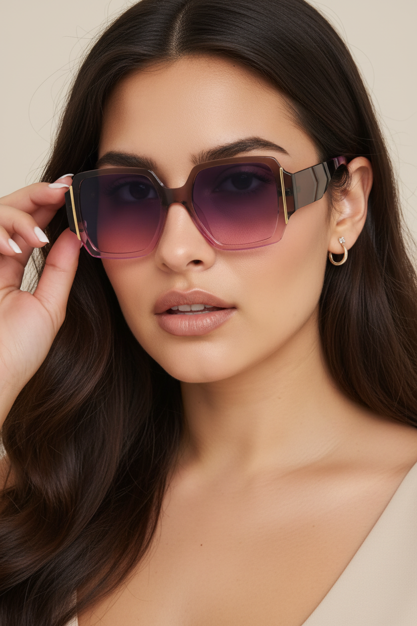 Roze paarse oversized zonnebril - close-up