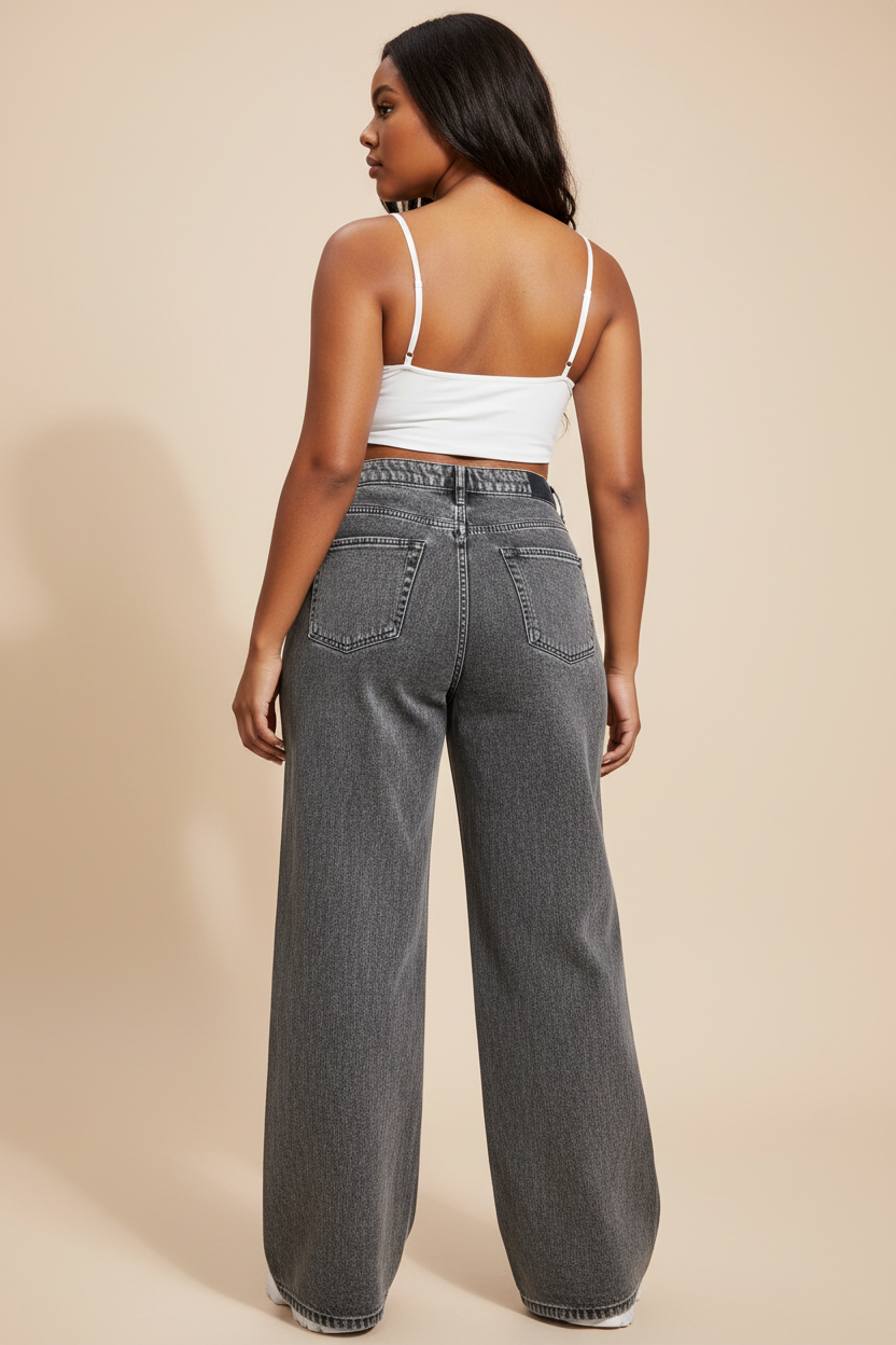 Grijze acid wash wide-leg jeans - achterkant