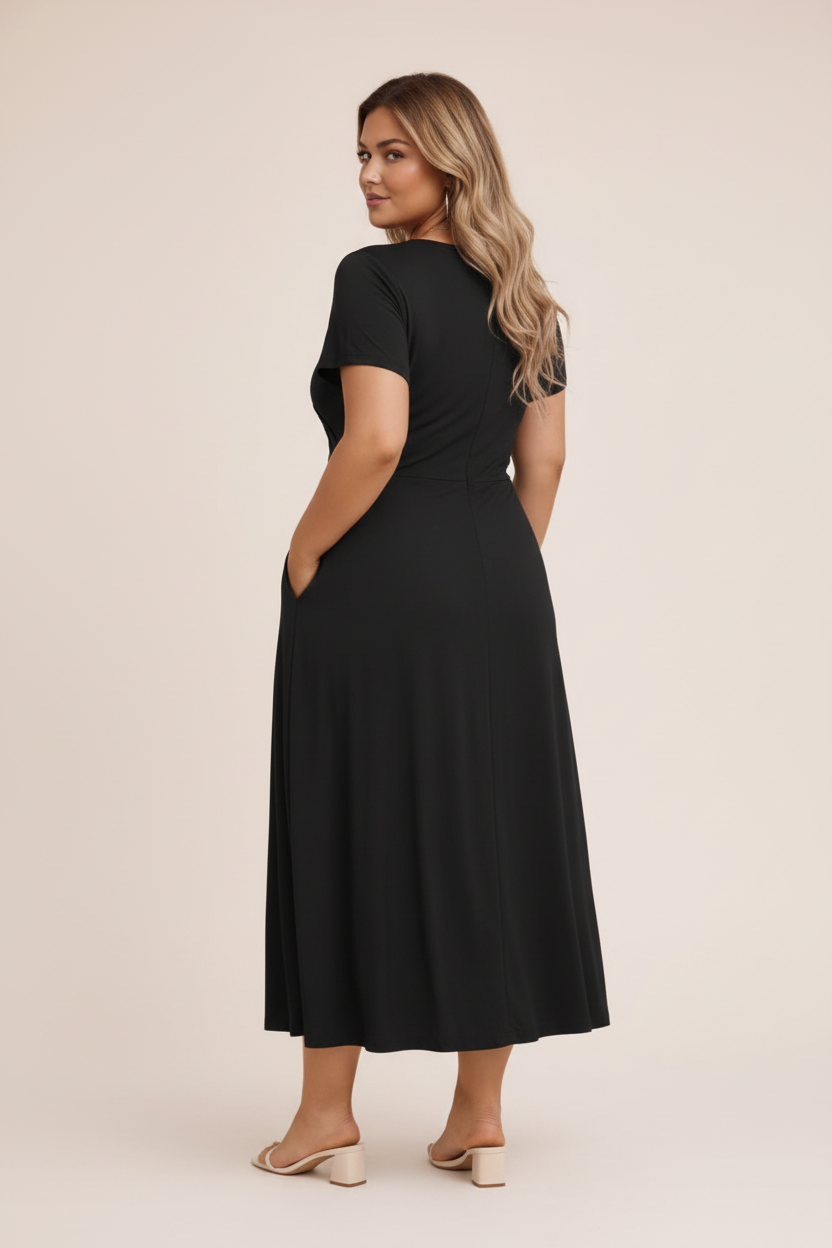 Elegante Zwarte Midi Jurk - Achteraanzicht