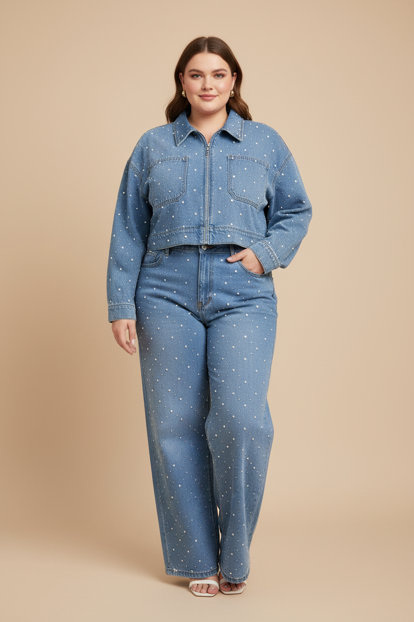 Lichtblauwe denim set met parels - voorkant