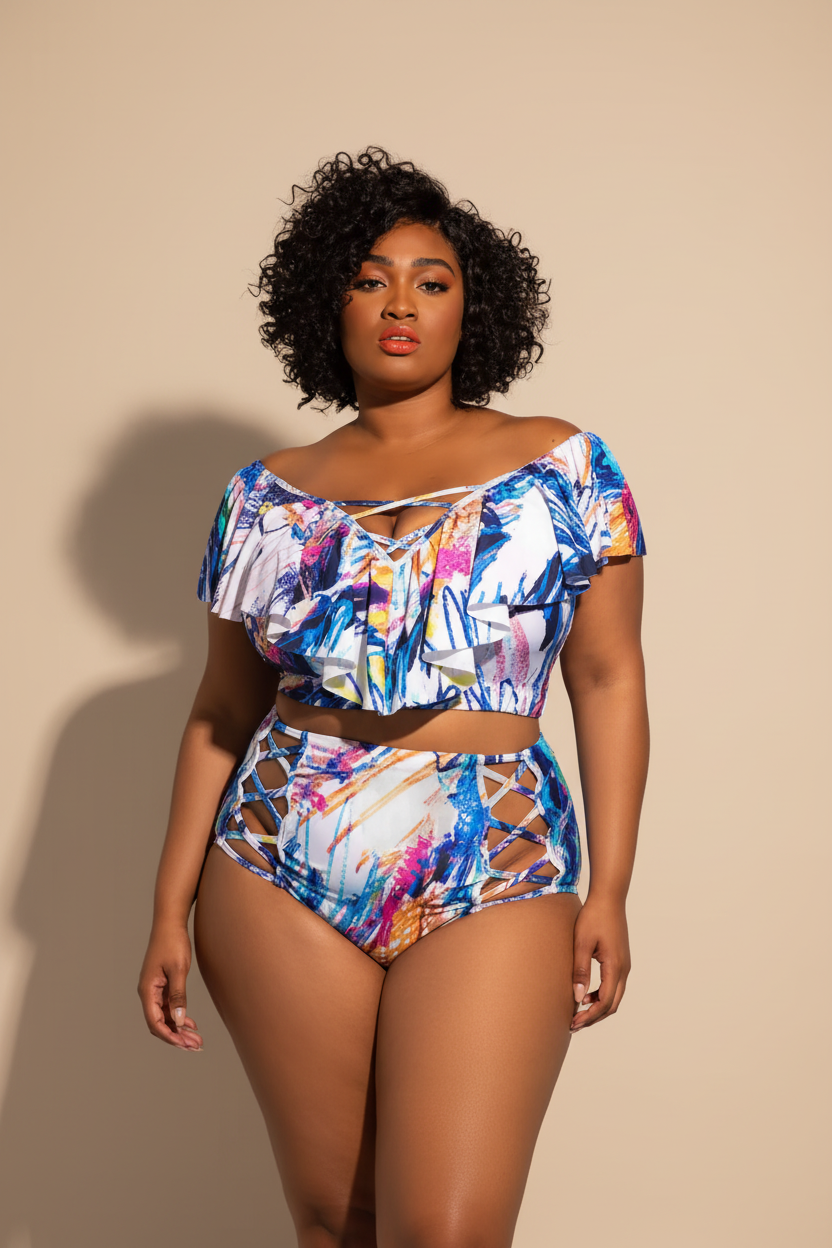 Kleurrijke abstract print bikini - voorkant