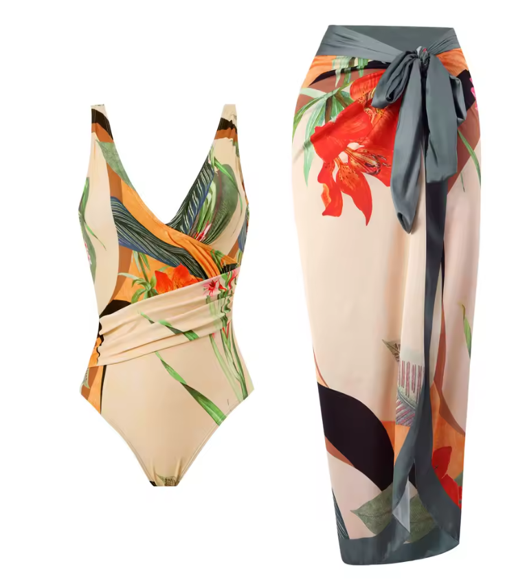 Tropische Print Badpak met Sarong en Wrap Detail