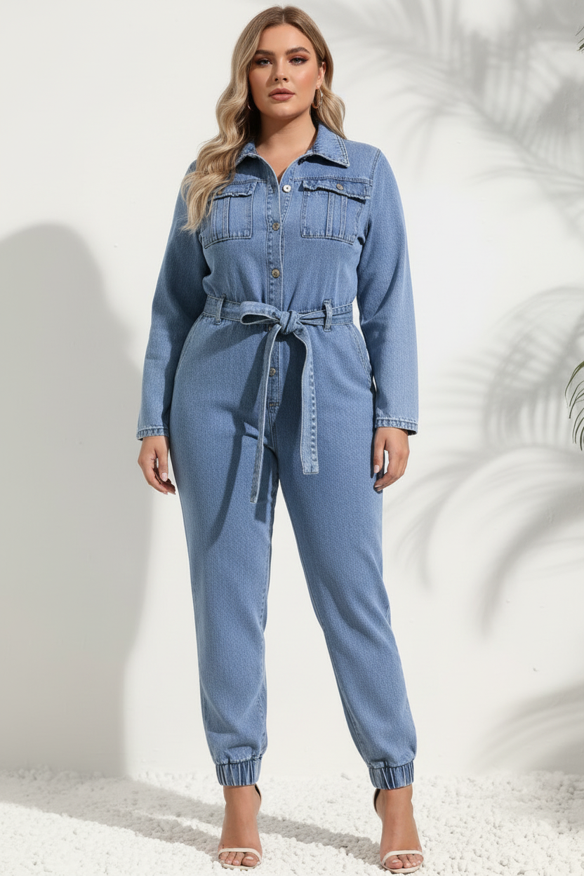 Voorkant denim jumpsuit met curvy model