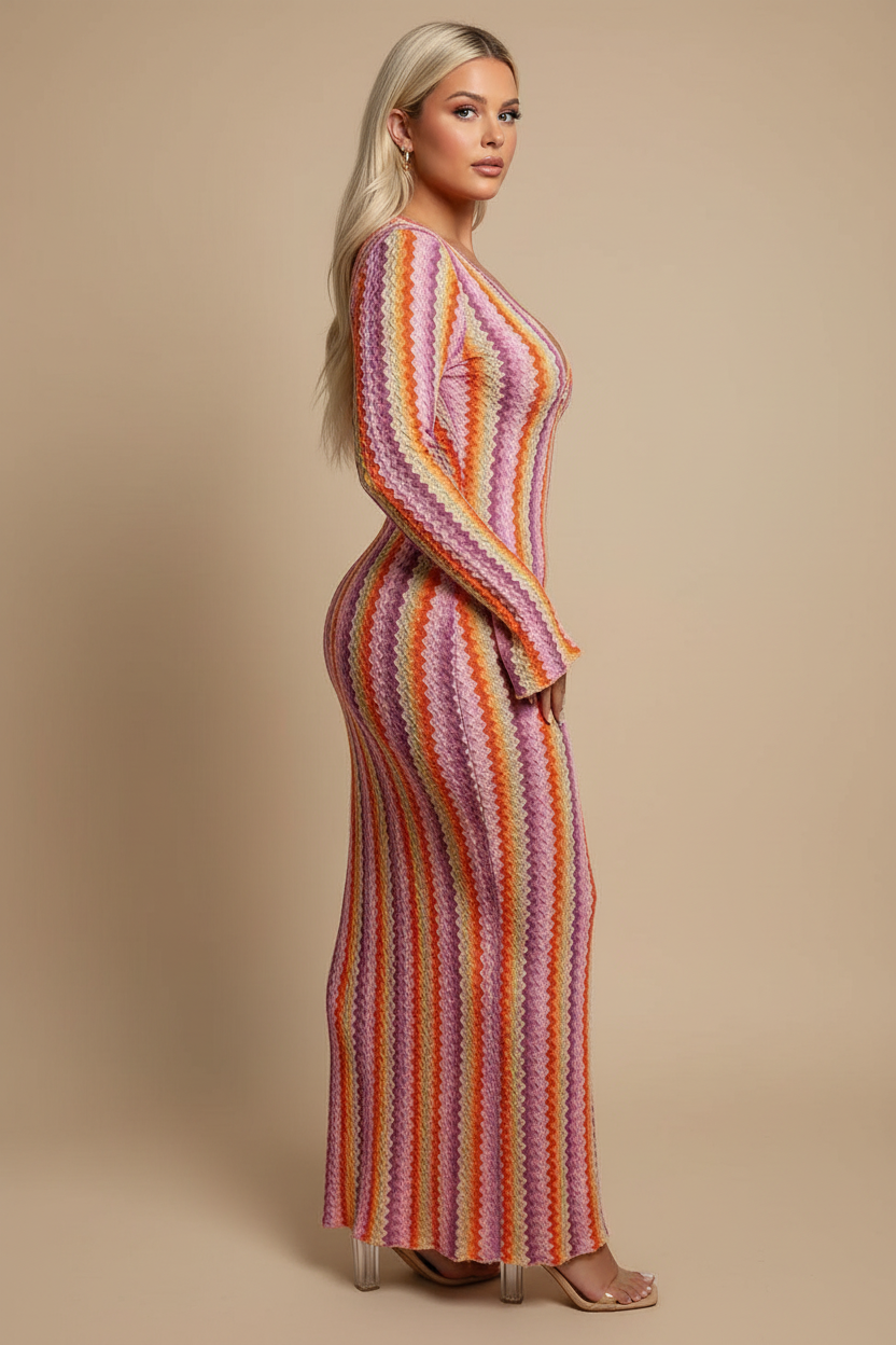 Multicolor zigzag gebreide maxi jurk - zijkant