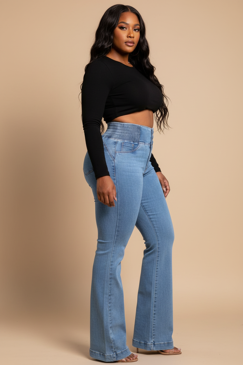 Lichtblauwe flared jeans - zijkant model