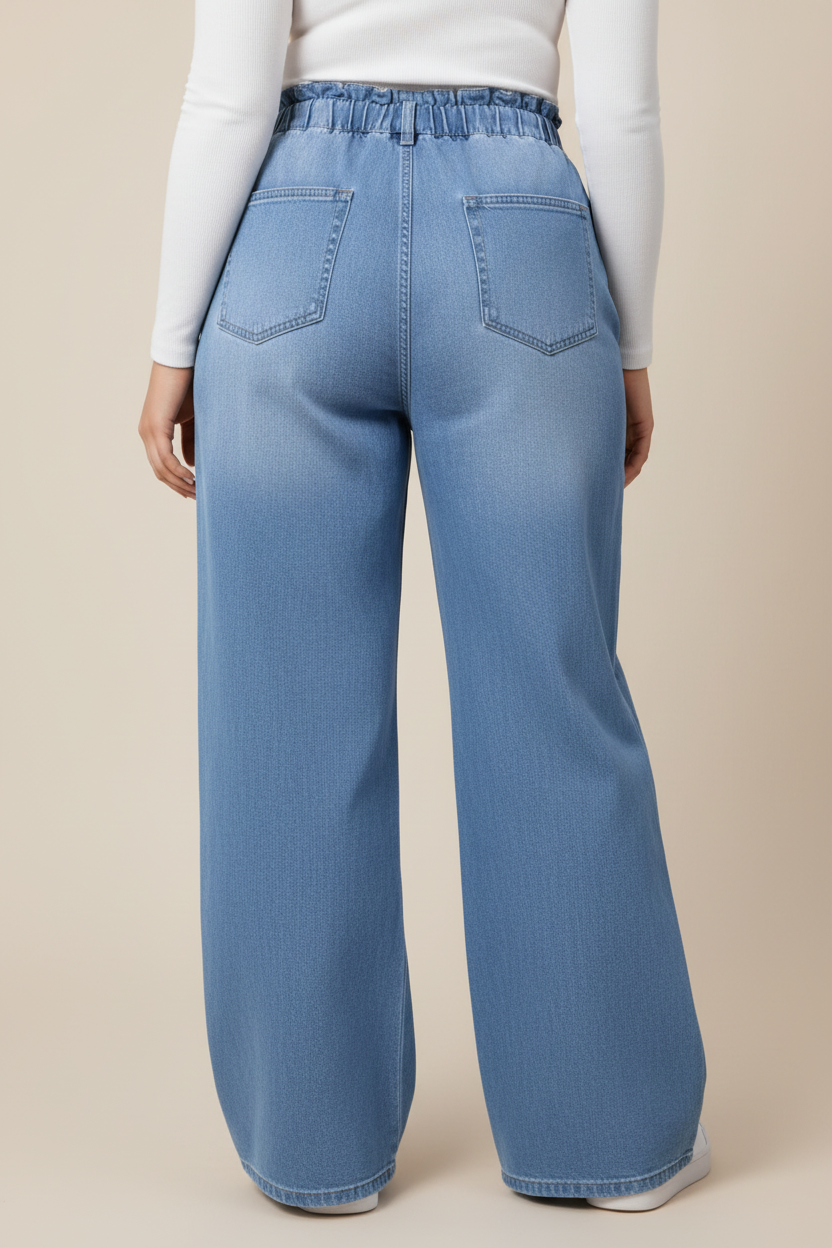 Lichtblauwe wide-leg jeans met elastische taille - achterkant