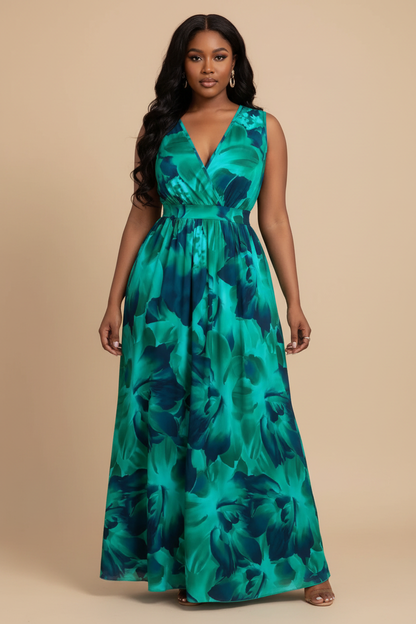 Turquoise maxi jurk met bloemenprint - voorkant
