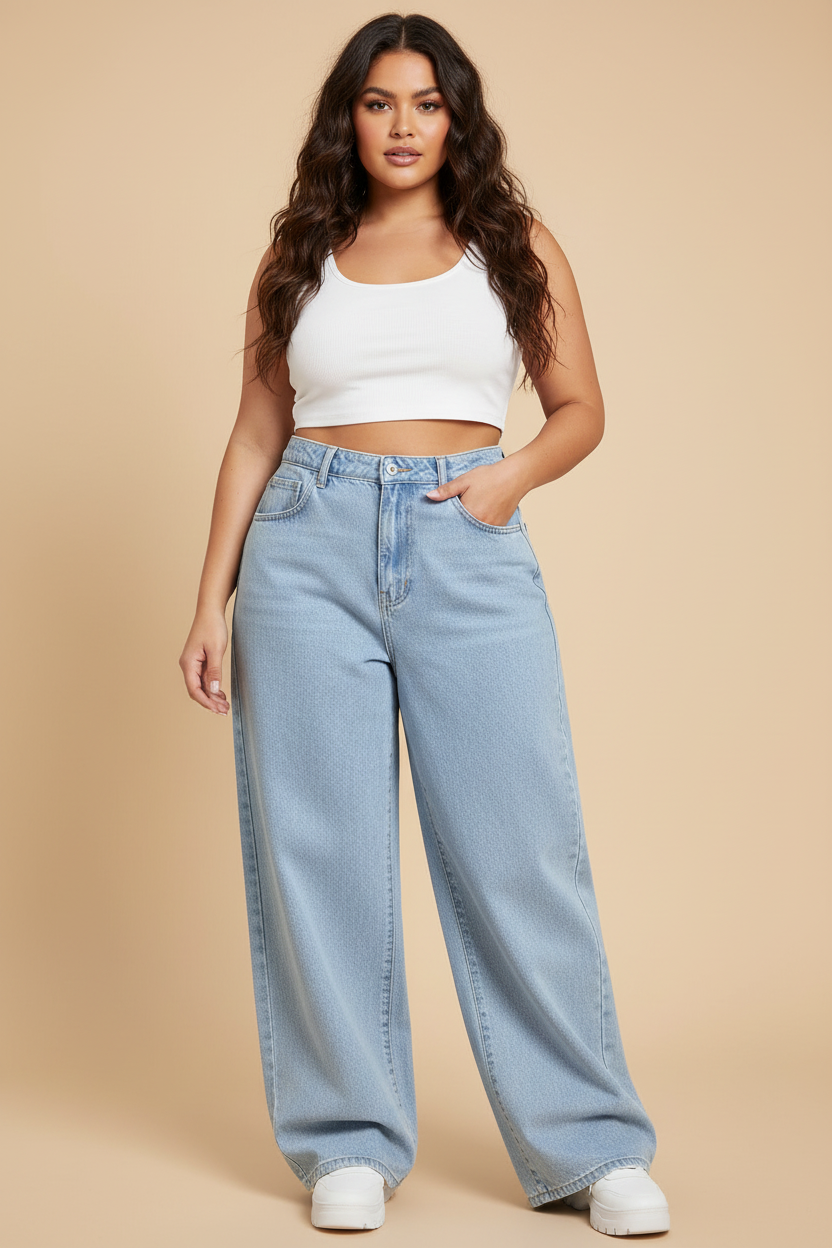Lichtblauwe ultra wide baggy jeans - voorkant model