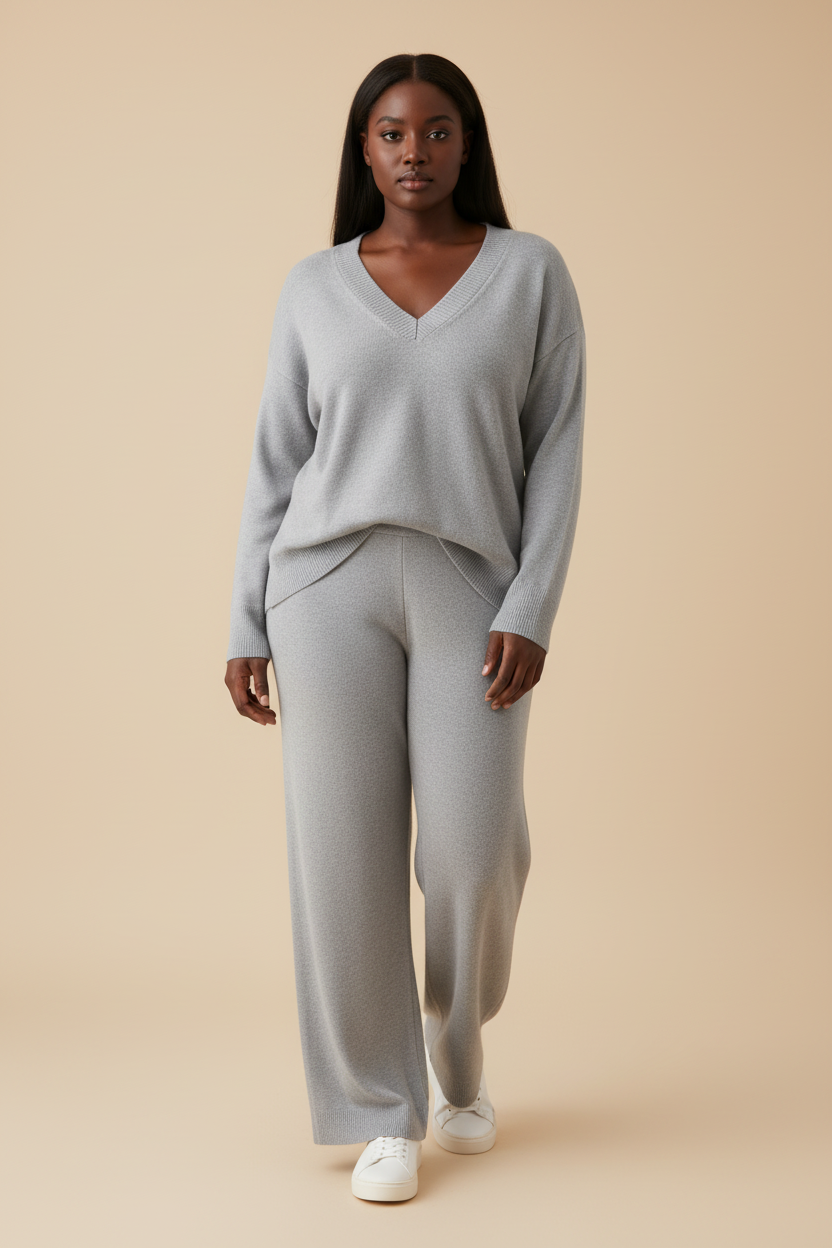 Grijze gebreide loungewear set - voorkant