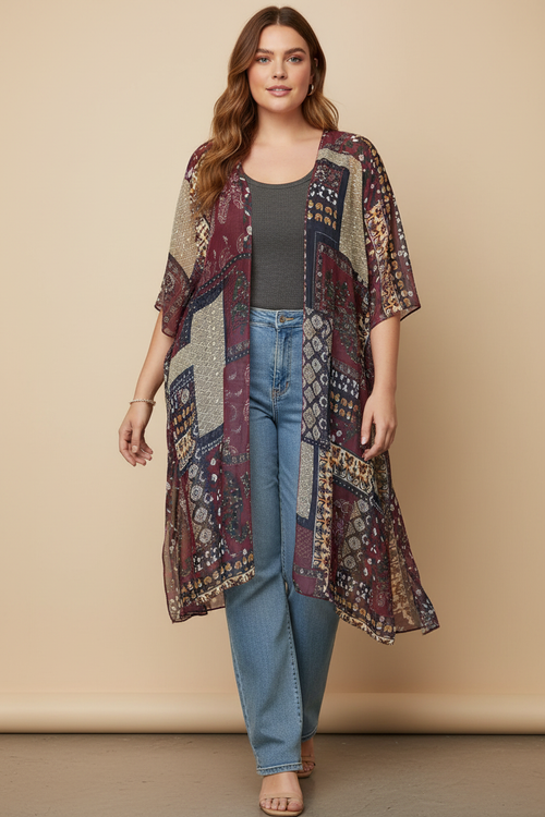 Bordeaux patchwork kimono - voorkant