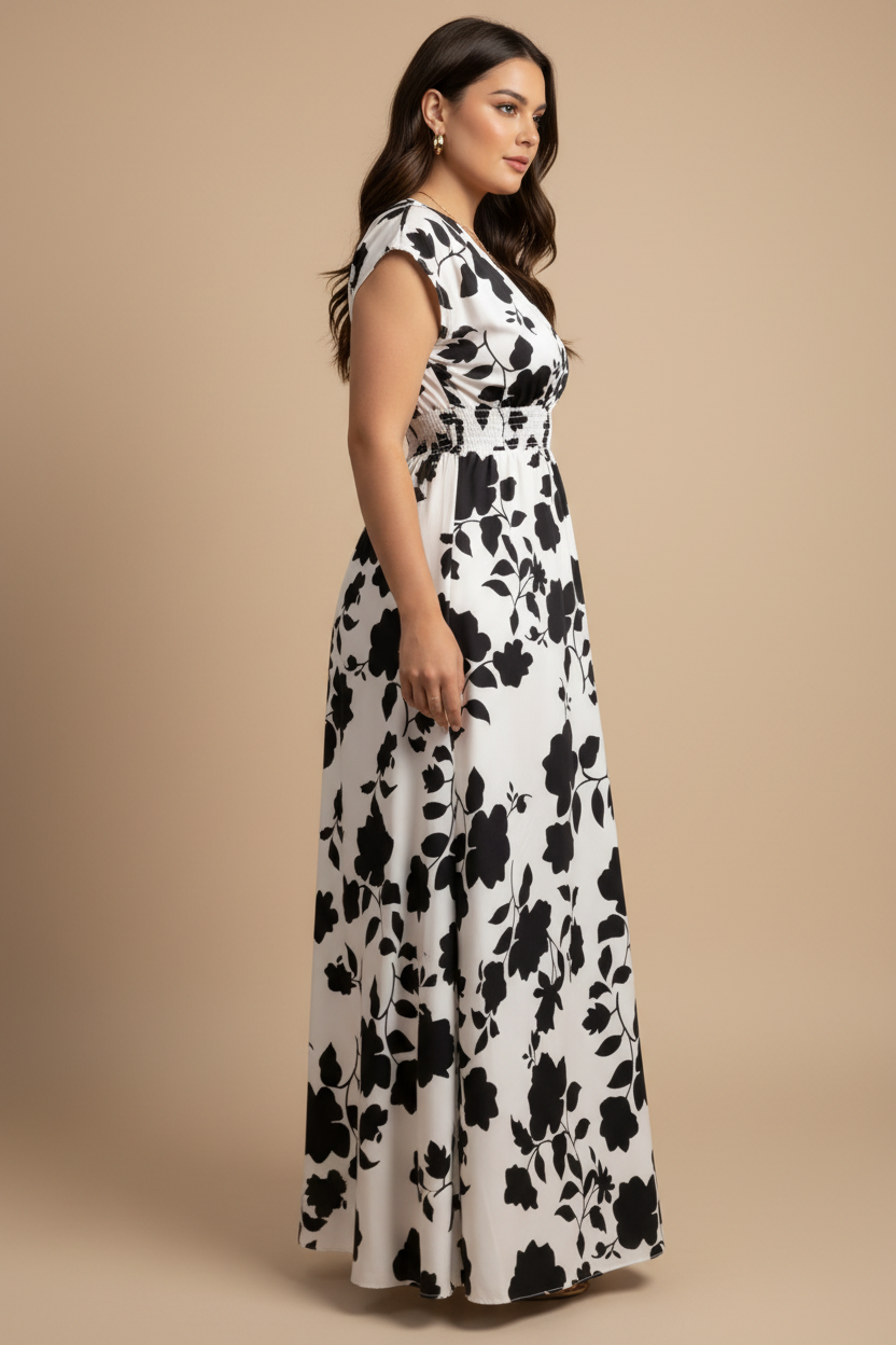 Zwart-witte maxi jurk met bloemenprint - zijkant