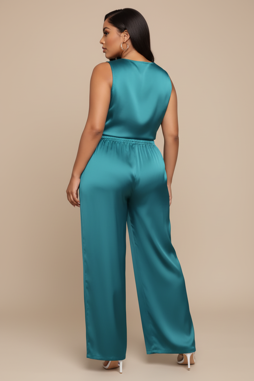 Turquoise satijnen set met one-shoulder top - achterkant