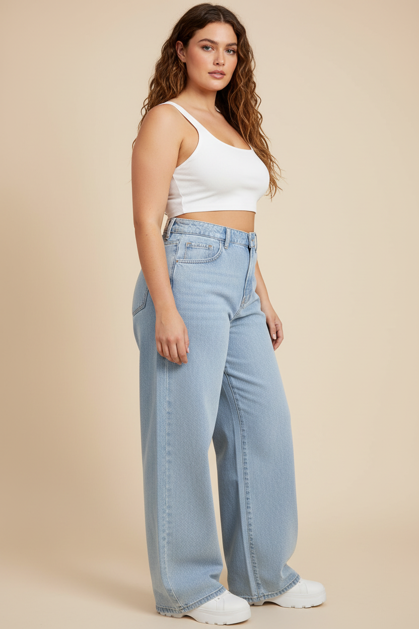 Lichtblauwe ultra wide baggy jeans - zijkant model
