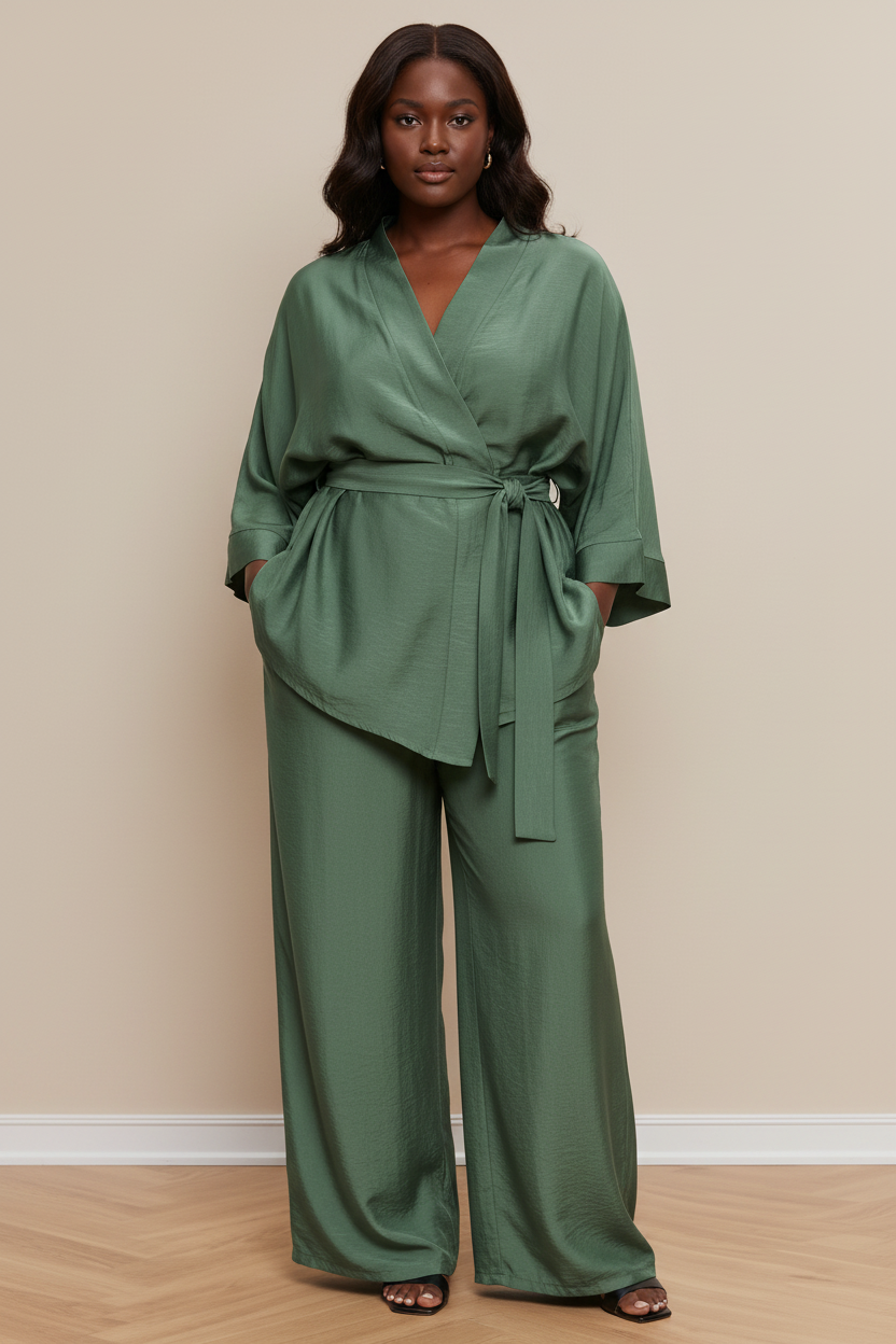 Groene satijnen set met kimono top - voorkant