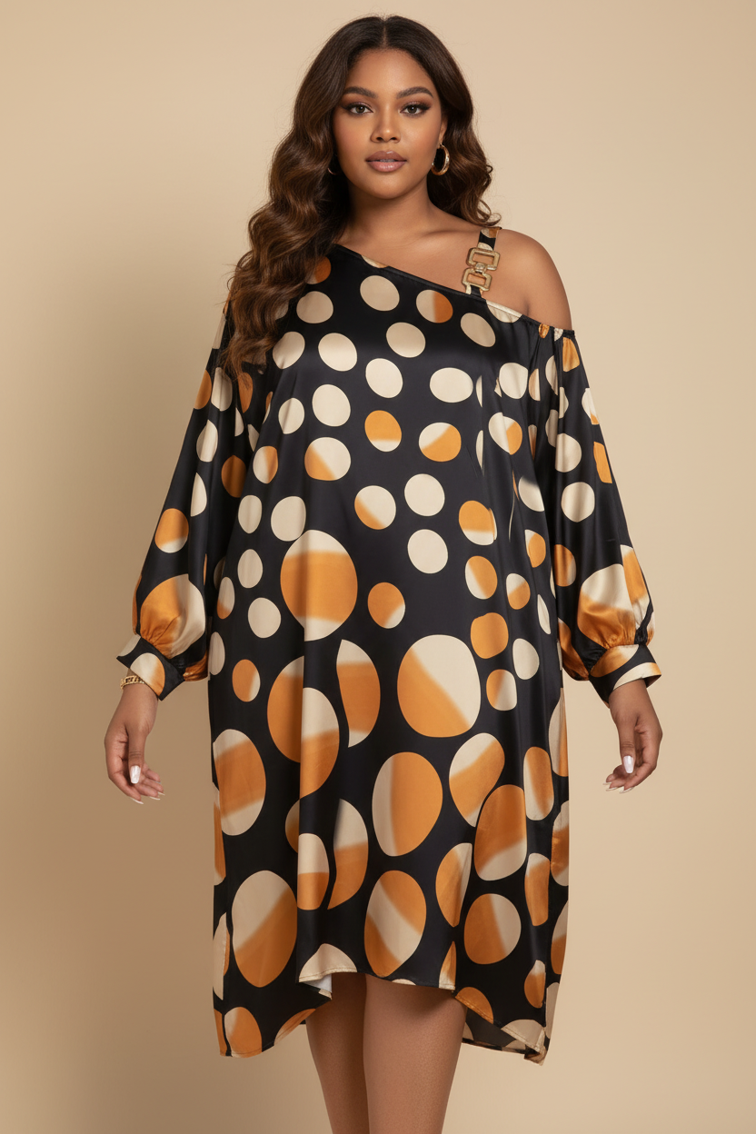 Zwarte polka dot midi jurk - voorkant