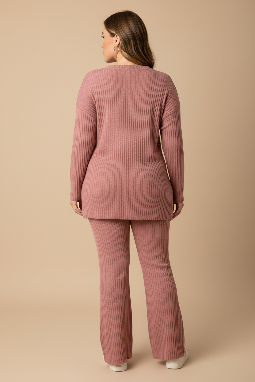 Roze ribgebreide matching set - achterkant