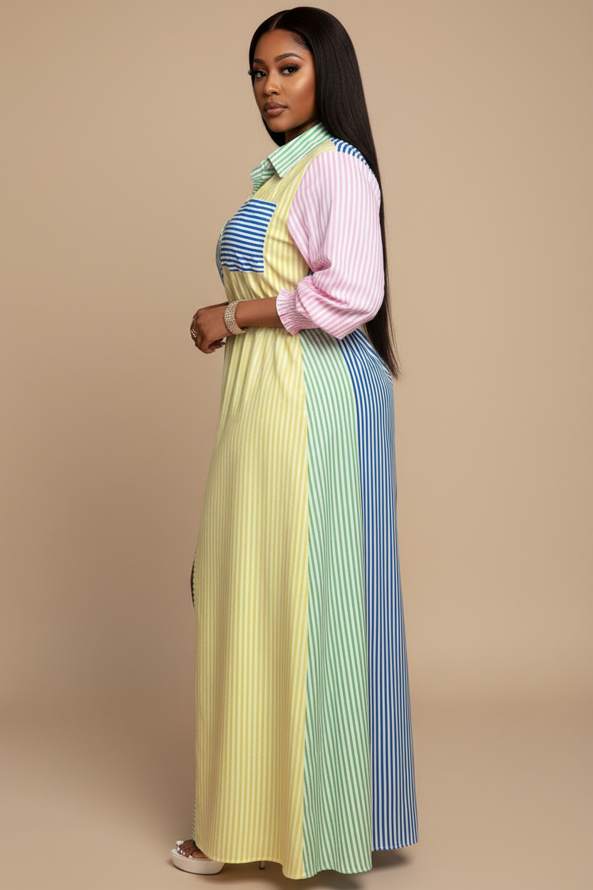 Kleurrijke gestreepte maxi blousejurk - zijaanzicht