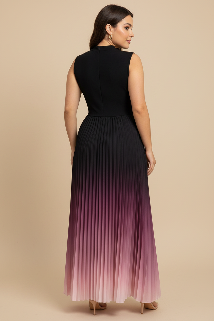 Ombré plissé maxi jurk zwart naar roze - achterkant