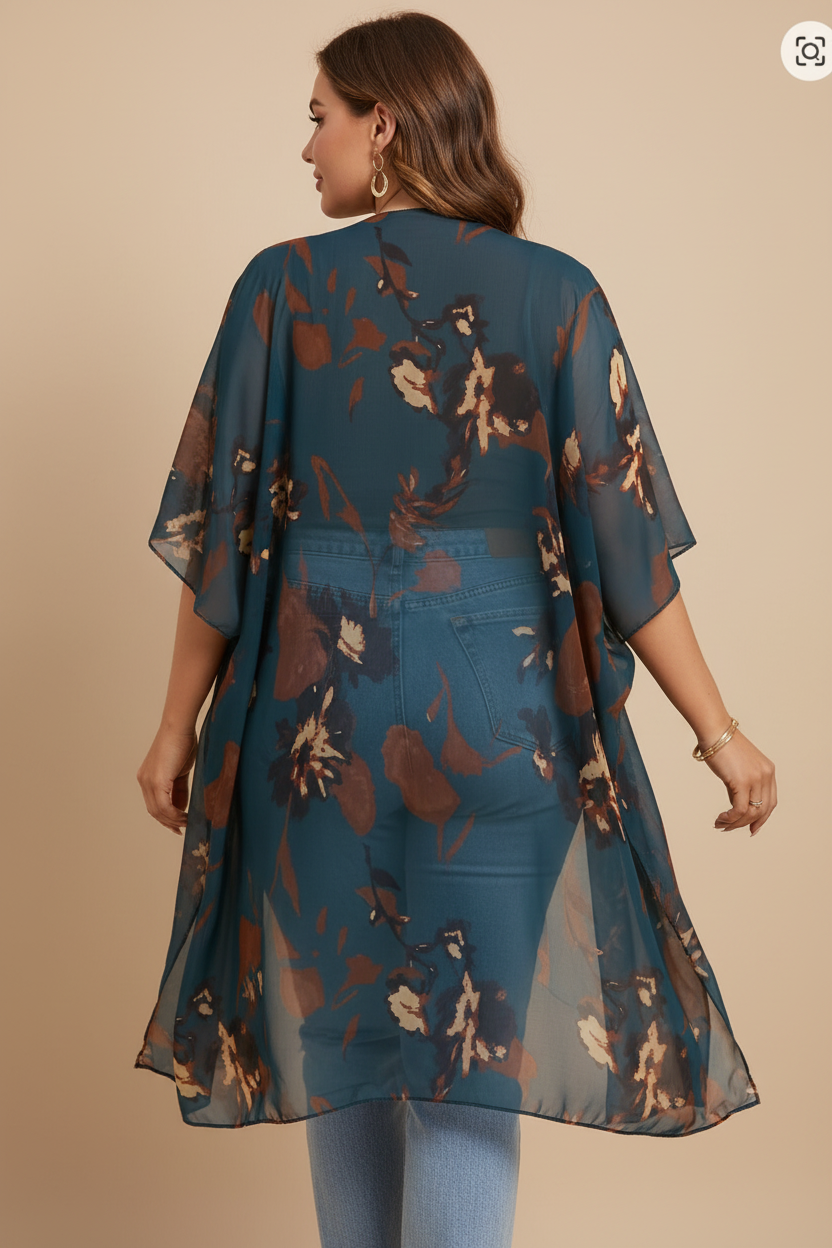 Blauwgroene bloemen kimono - achterkant