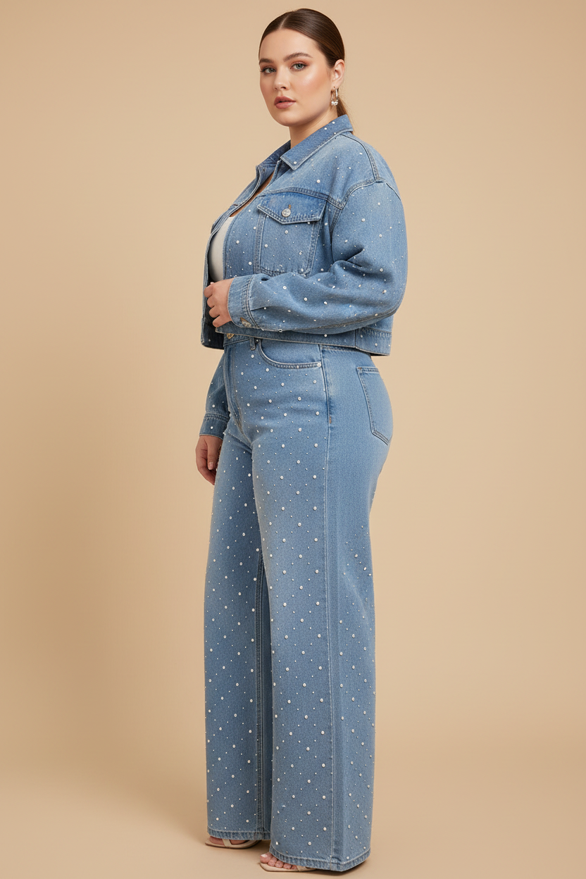Lichtblauwe denim set met parels - zijkant