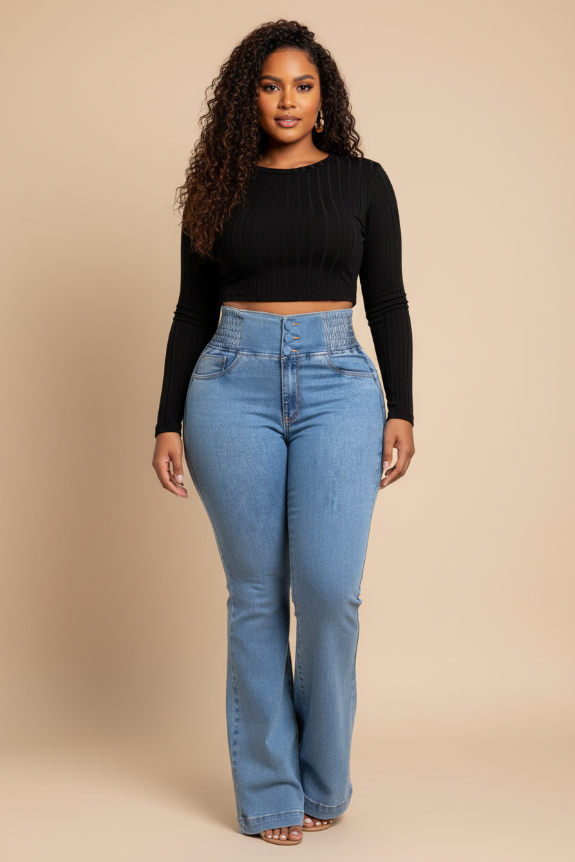 Lichtblauwe flared jeans - voorkant model