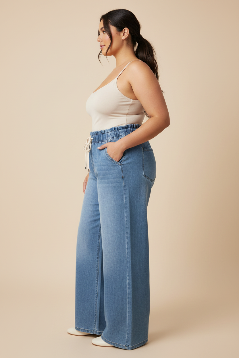Lichtblauwe wide-leg jeans met elastische taille - zijkant