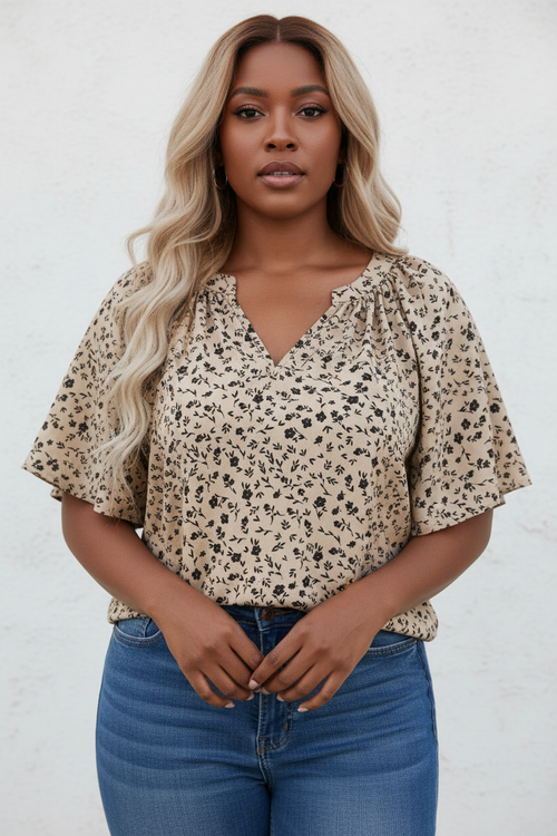 Beige ditsy bloemenprint blouse - voorkant