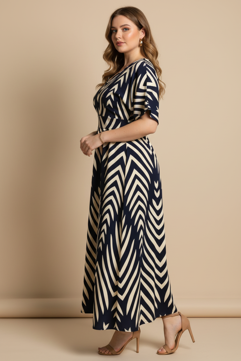 Navy blauwe maxi jurk met chevron print - zijkant